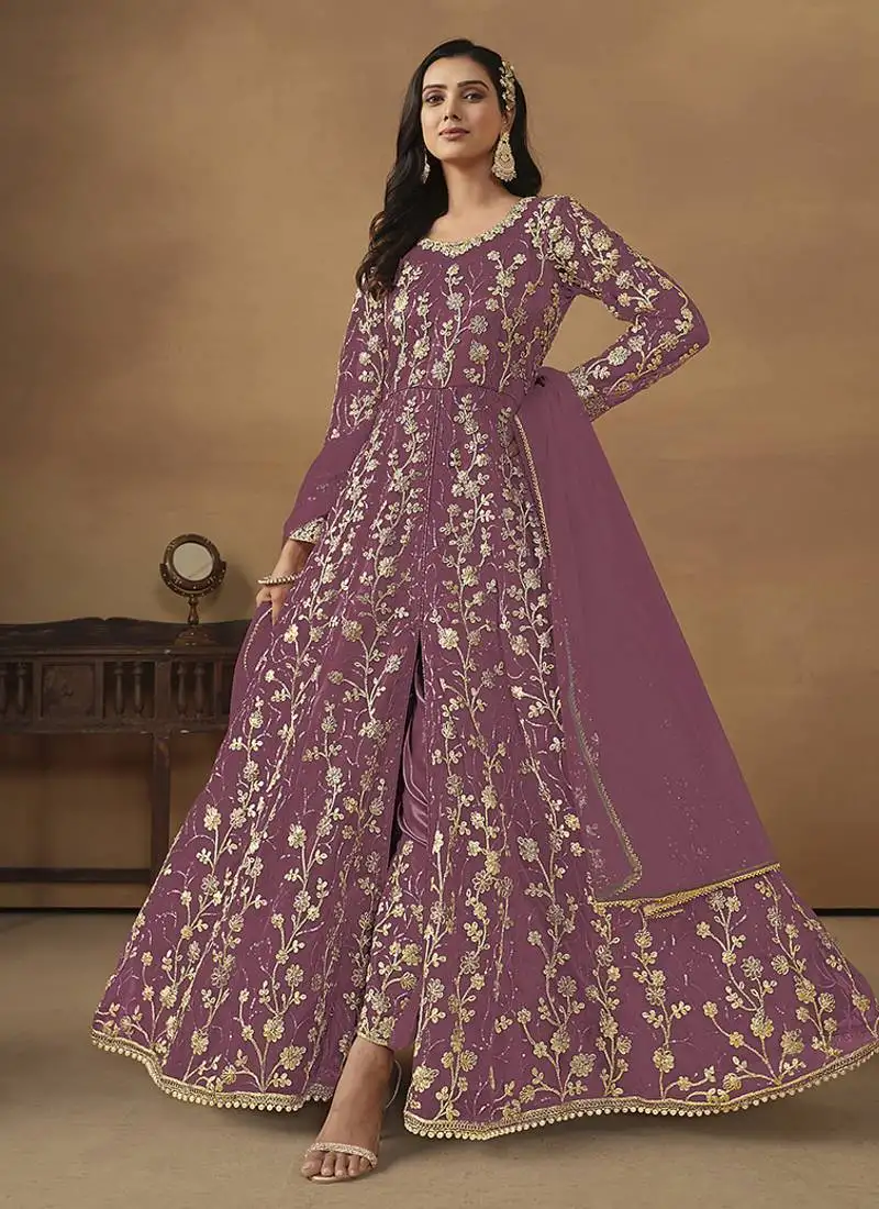 Lavender embroidered net anarkali suit semi stitched