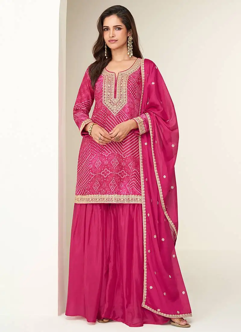 Rani pink digital print & embroidered chinon silk palazzo suit semi stitched