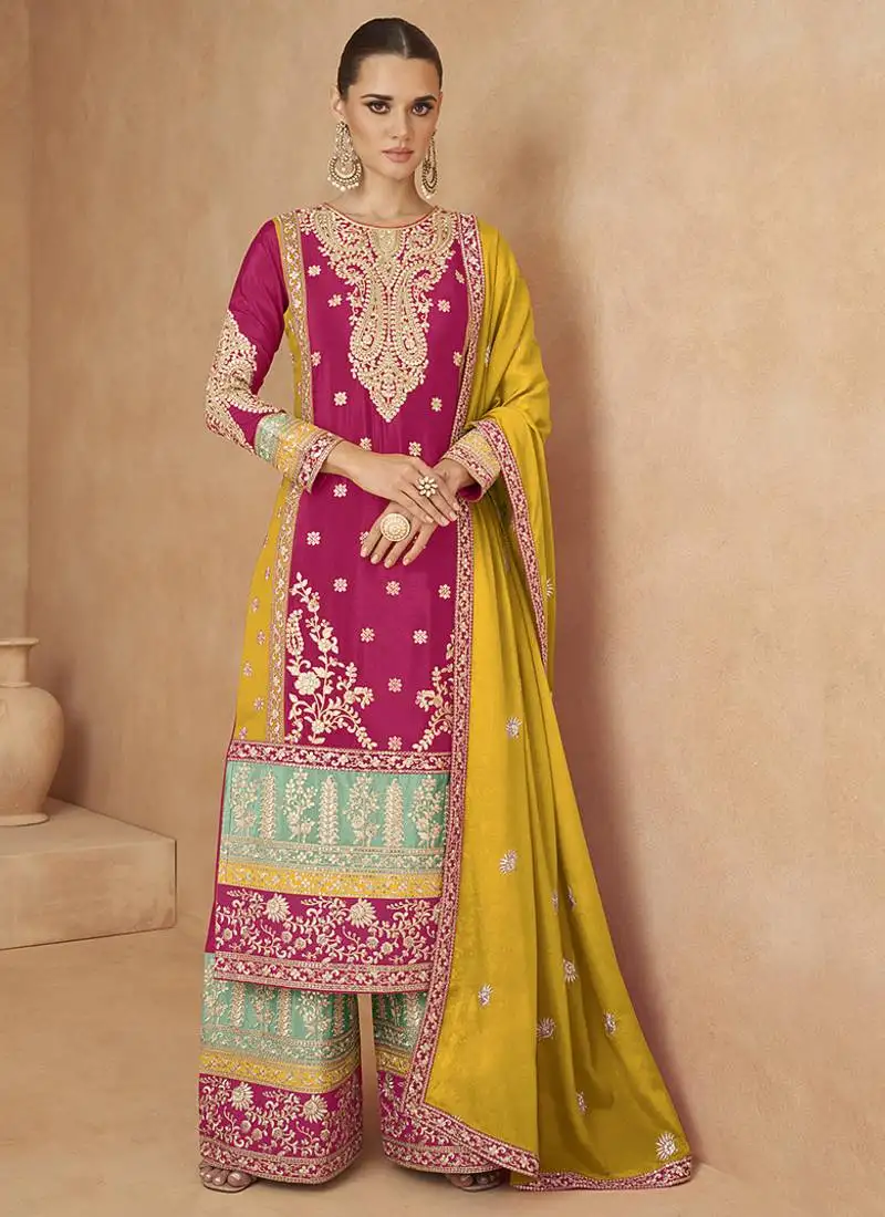 Pink embroidered chinon silk palazzo suit semi stitched