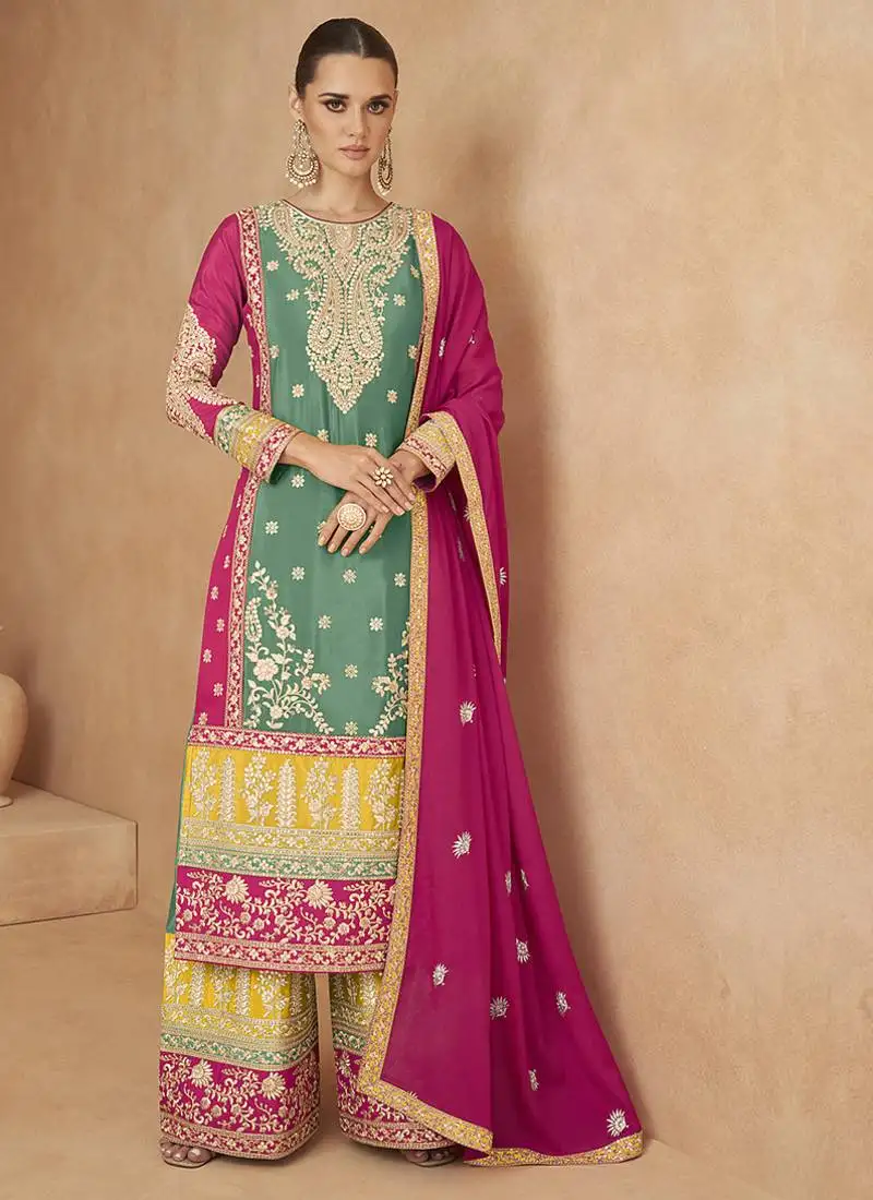 Sea green embroidered chinon silk palazzo suit semi stitched