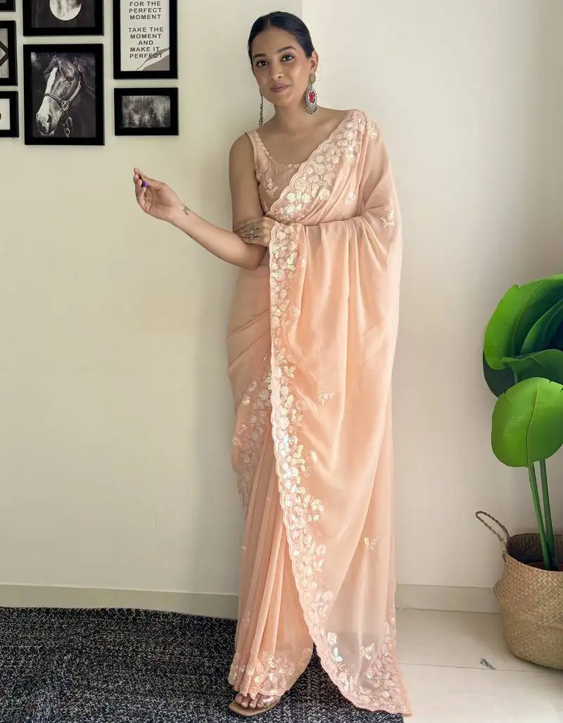 Peach c pallu sequance embroidery work georgette saree with blouse piece