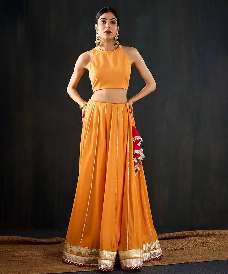 Orange embroidered cotton silk lehenga
