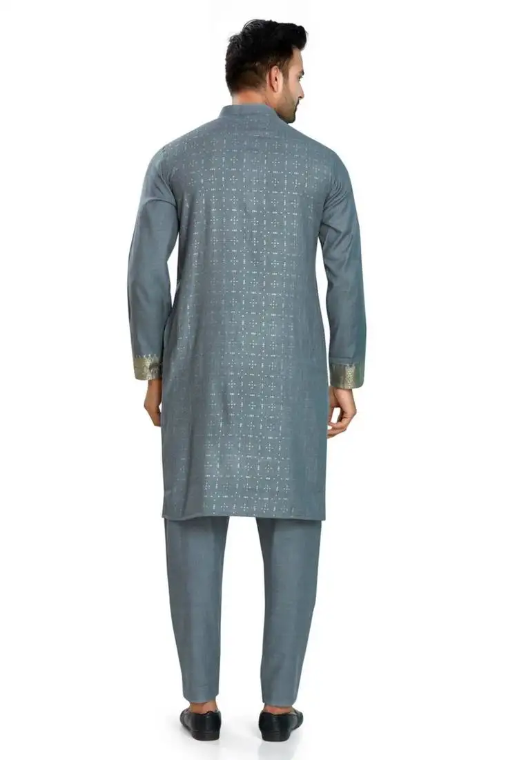 Grey hand block silver foil printed viscos kurta payjama ethnic wear :: festive wear