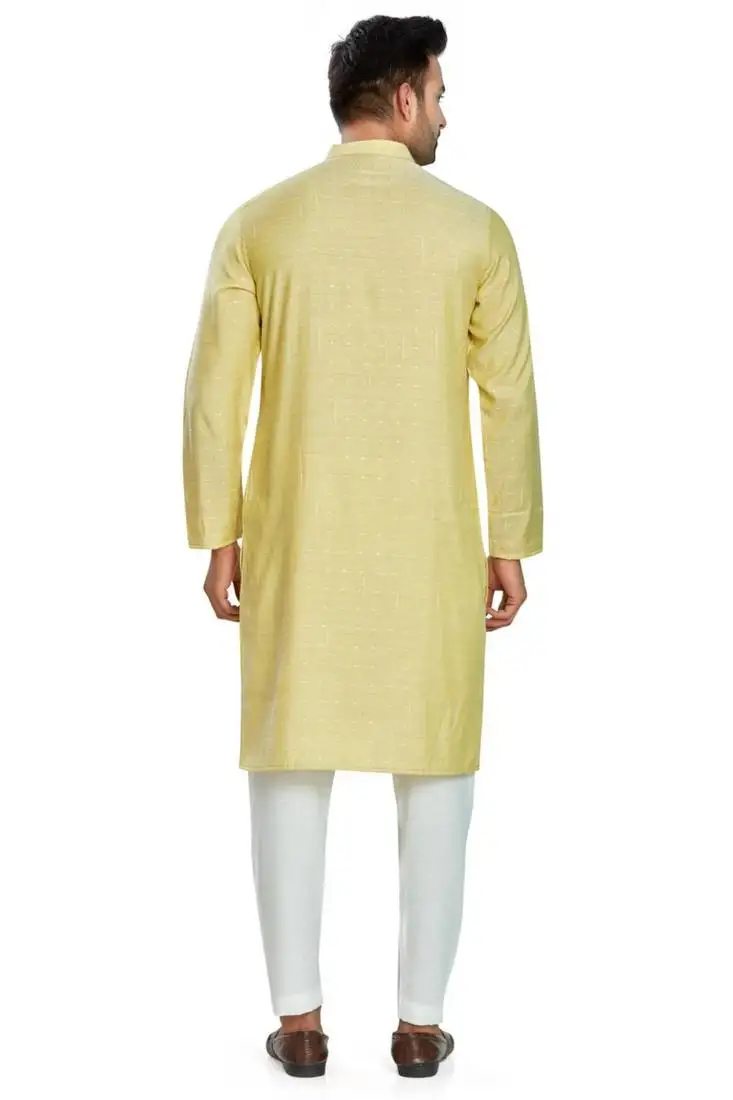 Lemon yellow jacquard kurta payjama etnic wear :: festive wear