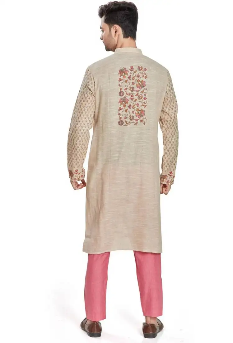 Beige hand block printed kurta with embreoidery viscos kurta payjama etnic wear :: festive wear