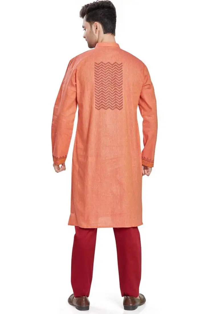 Orange hand block printed kurta with embroidery viscos kurta payjama ethnic wear :: festive wear