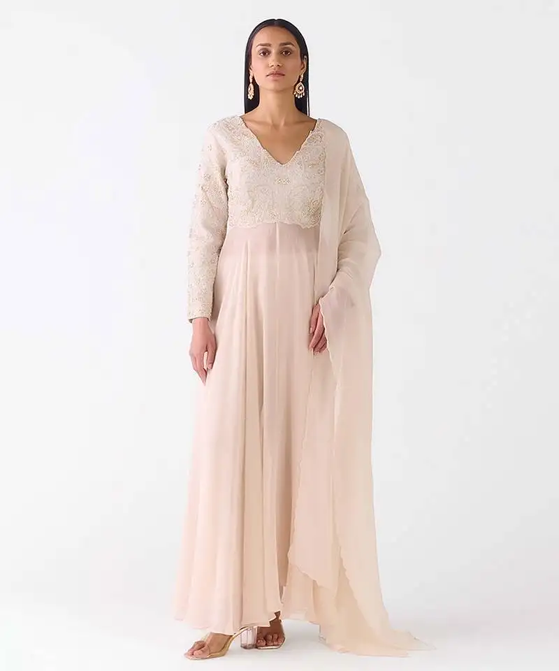 Grey embroidered raw silk anarkali