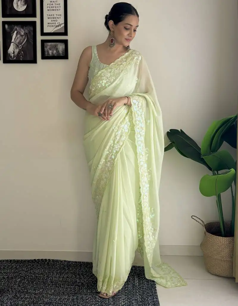 Pista c pallu sequance embroidery work georgette saree with blouse piece