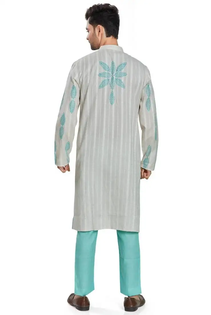 Grey hand block printed with embroidery kurta viscos kurta payjama etnic wear :: festive wear