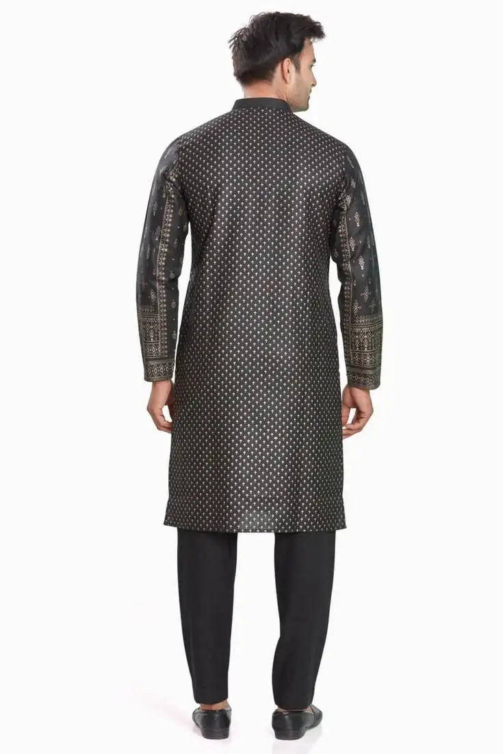 Black hand block golden foil printed kurta viscos kurta payjama wear :: festive wear