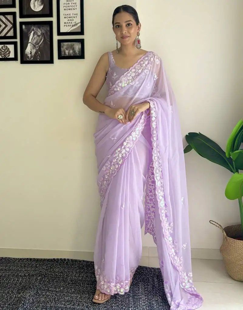 Purple c pallu sequance embroidery work georgette saree with blouse piece