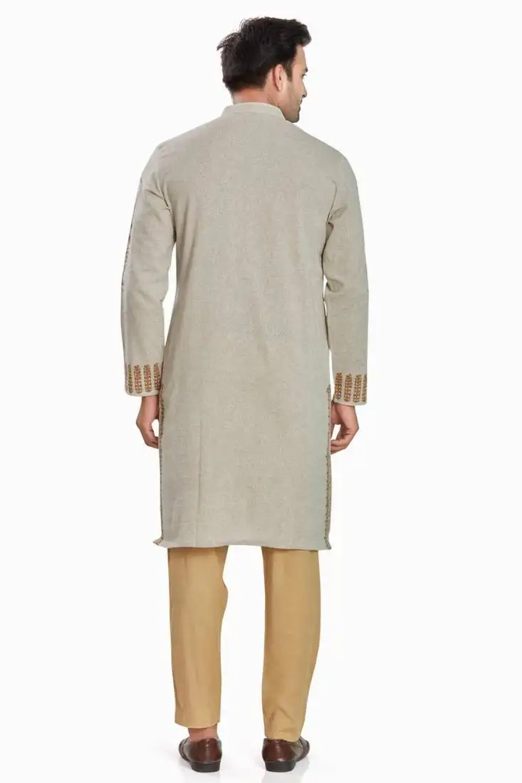 Khakhi hand block printed kurta with embroidery viscos kurta payjama etnic wear :: festive wear