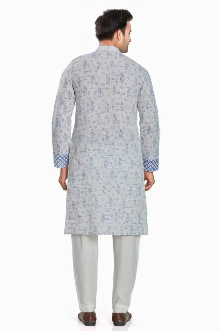 Grey hand block printed kurta with embroidery viscos kurta payjamaetnic wear :: festive wear
