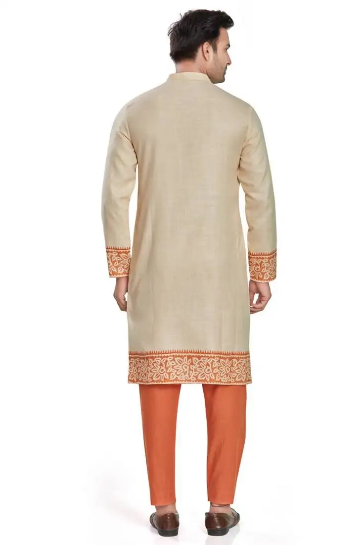 Cream color hand block printed kutrta with embroidery viscos kurta payjama etnic wear :: festive wear