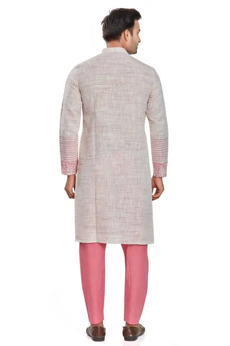 Pink hand block printed kurta with embroidery viscos kurta payjama etnic wear :: festive wear