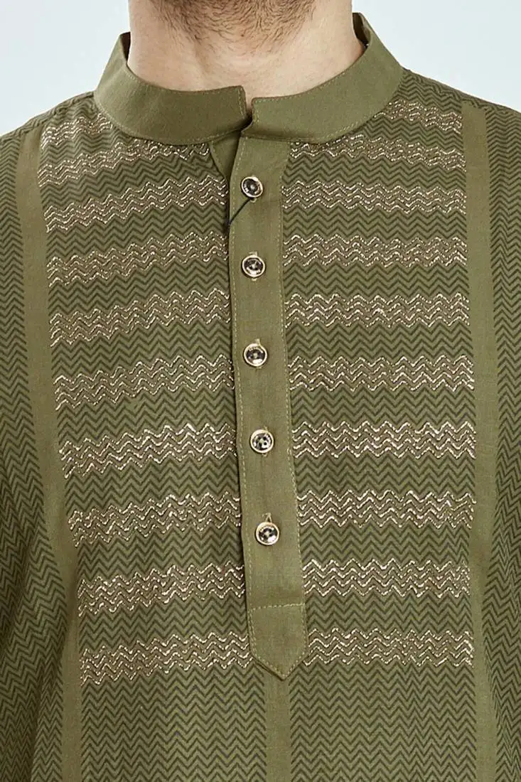 Olive green hand block printed kurta with embroidery viscos kurta payjama etnic wear :: festive wear