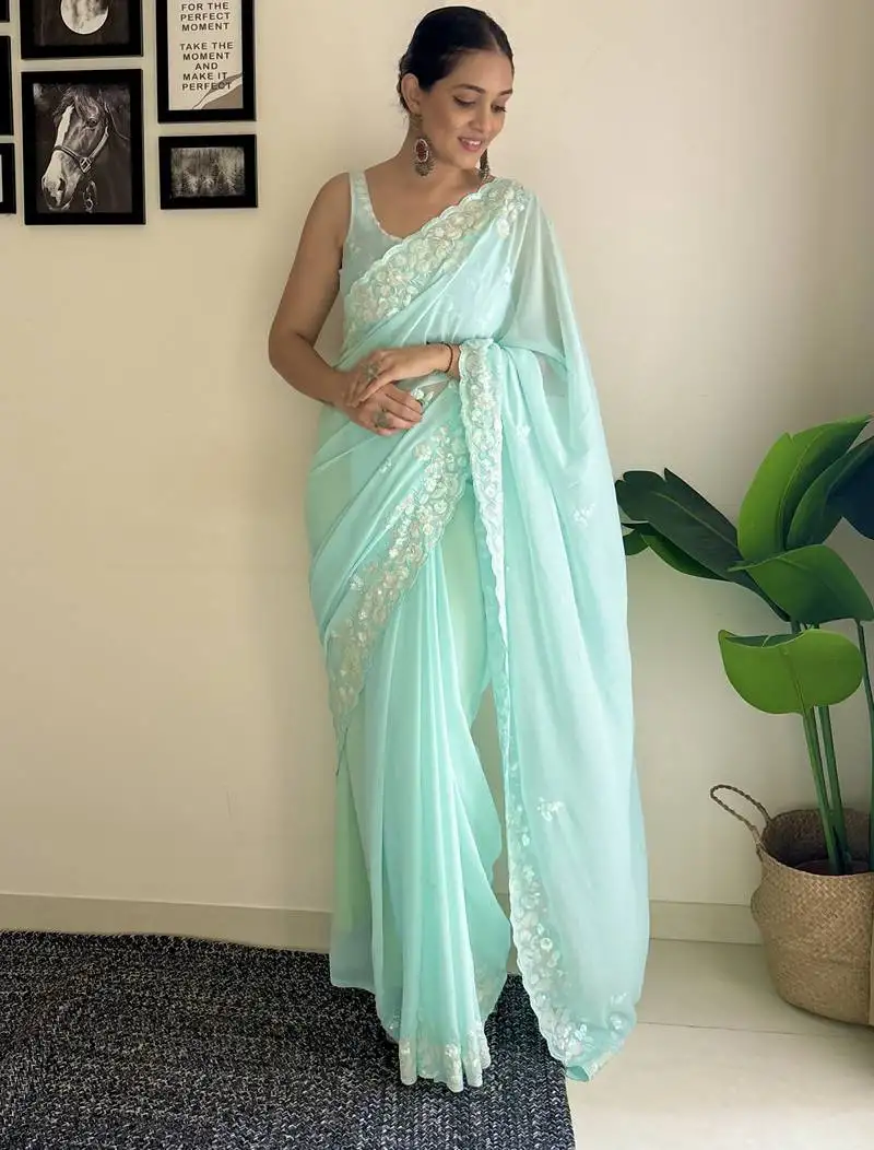 Sky blue c pallu sequance embroidery work georgette saree with blouse piece