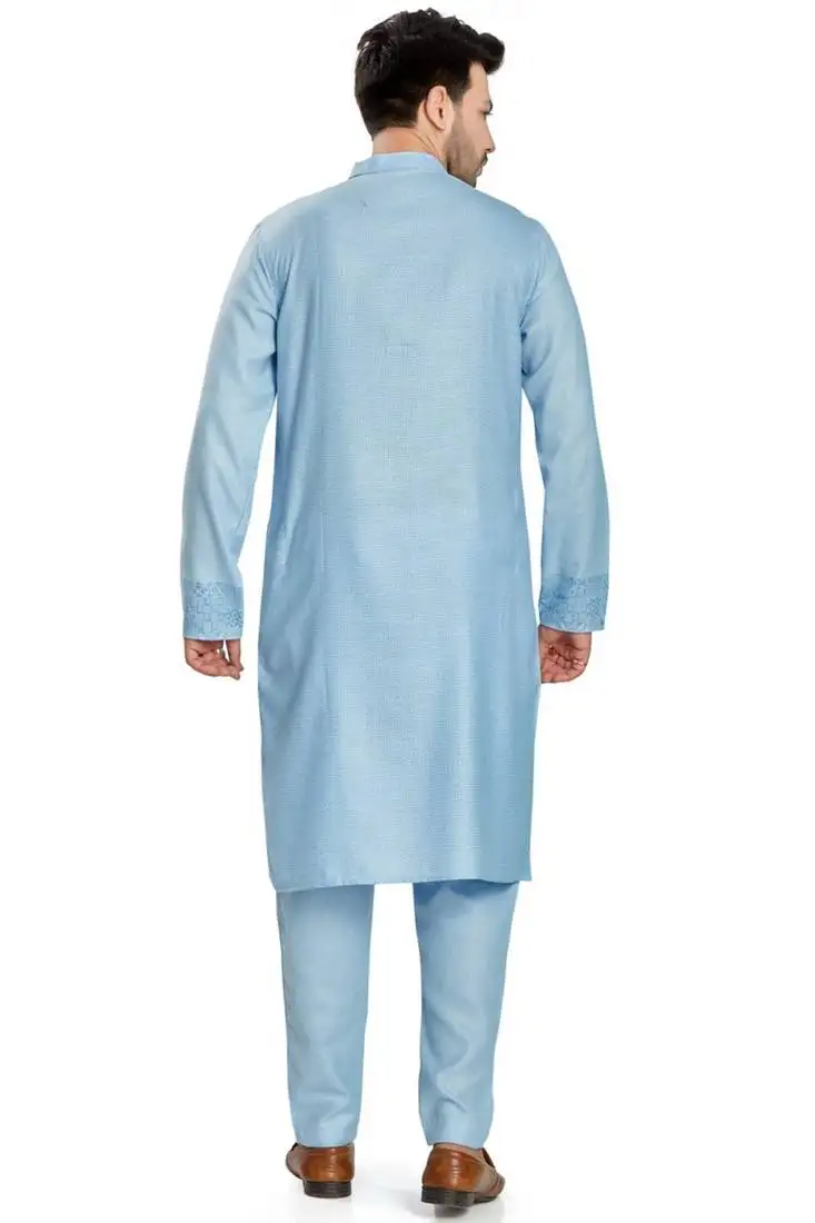 Blue hand block printed kurta with embroidery viscos kurta payjama etnic wear :: festive wear
