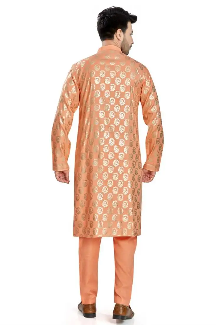 Orange hand block silver foil printed viscos kurta payjama etnic wear :: festive wear