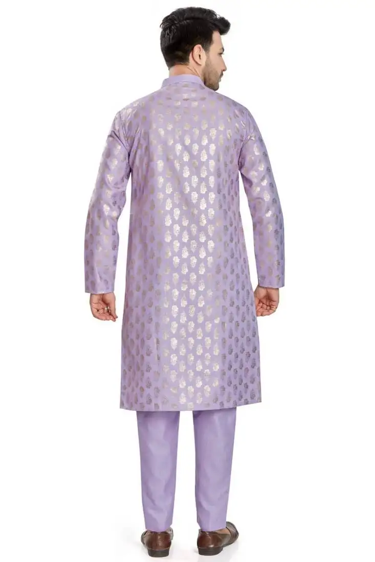 Purple hand block silver foil printed viscos kurta payjama entic wear :: festive wear