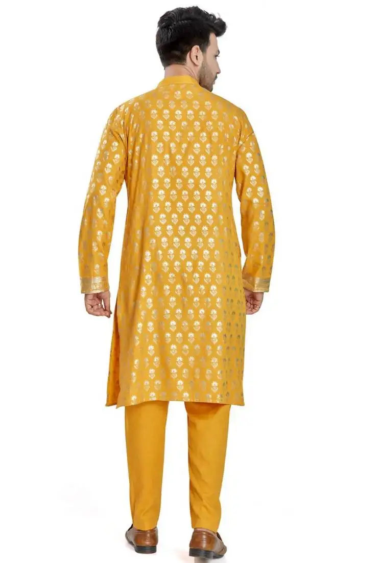 Yellow hand block golden foil printed viscos kurta payjama etnic wear :: festive wear
