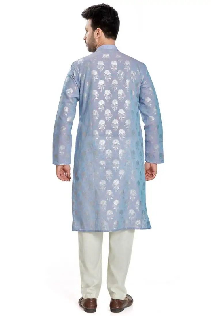 Light blue hand block silver foil print viscos kurta payjama etnic wear :: festive wear