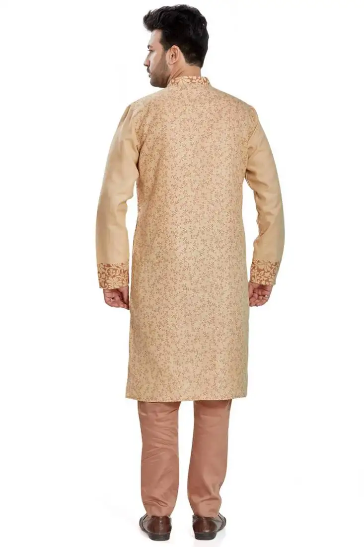 Coffee brown hand bl;ock printed kurta with embroidery viscos kurta payjama etnic wear :: festive wear