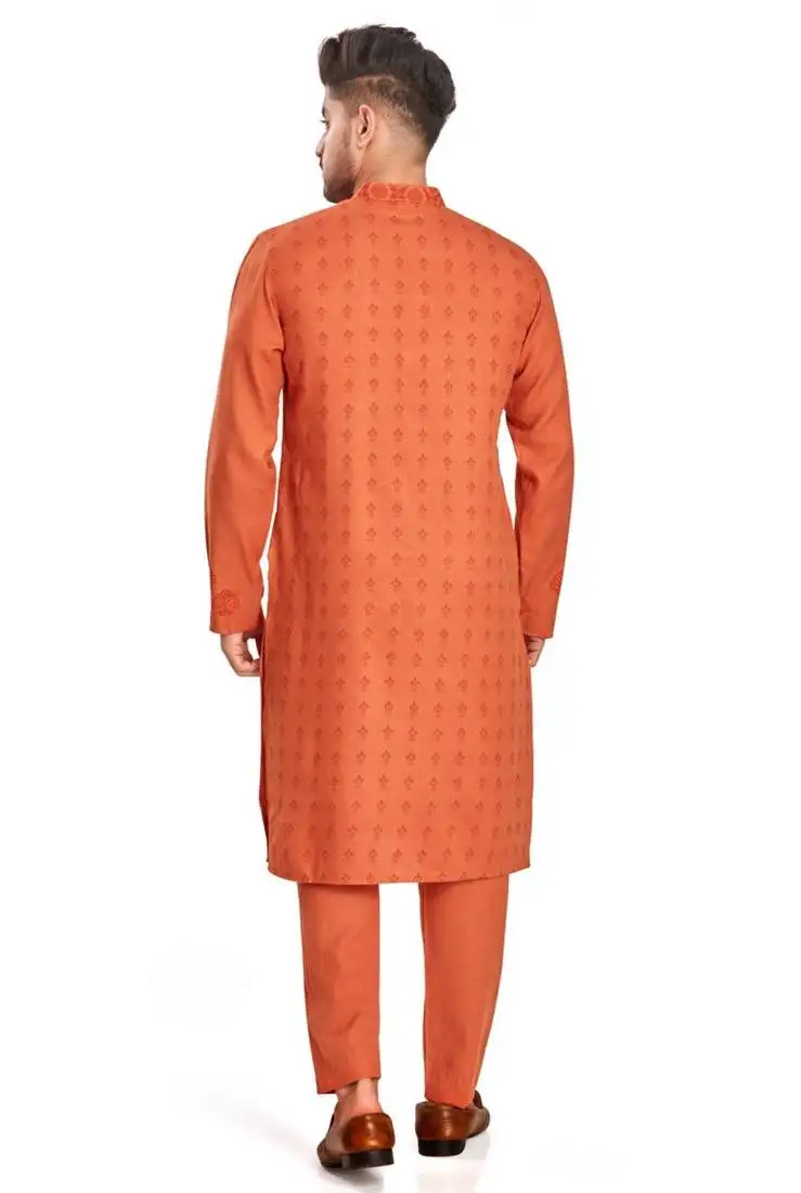 Orange hand block printed kurta with embroidery viscos klurta payjama ethnic wear :: festive wear