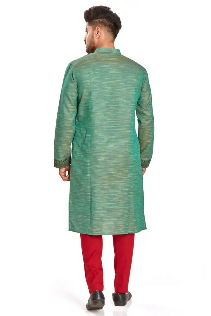 Green hand block printed kurta with embroidery viscos kurta payjama etnic wear :: festive wear