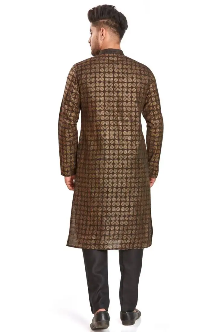 Brown hand block printed golden foil kurta viscos kurta payjama etnic wear :: festive wear