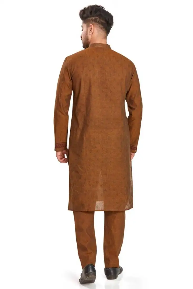 Brown hand block printed kurta with embroidery viscos kurta payjama etnic wear :: festive wear