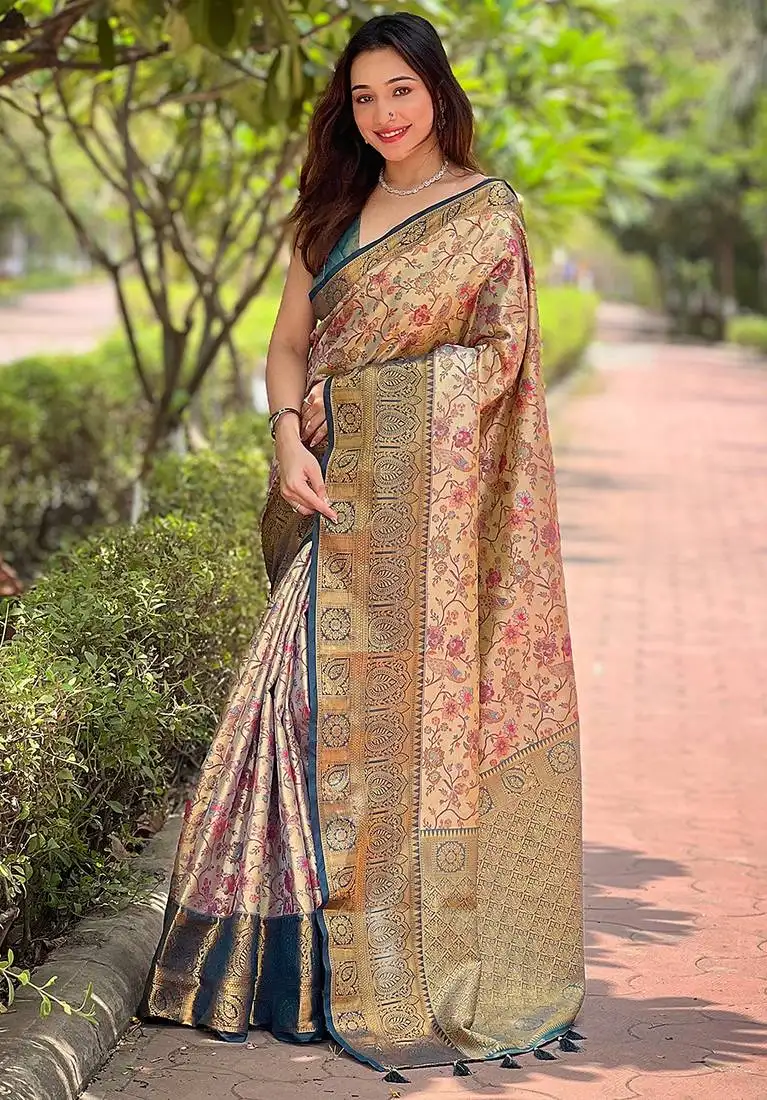Beige woven meenakari designer silk saree with blouse piece