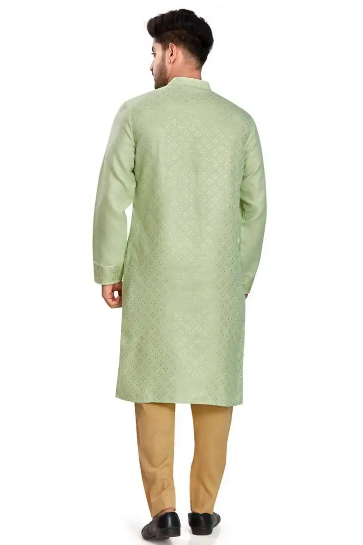 Green hand block silver foil printed viscos kurta payjama etnic wear :: festive wear