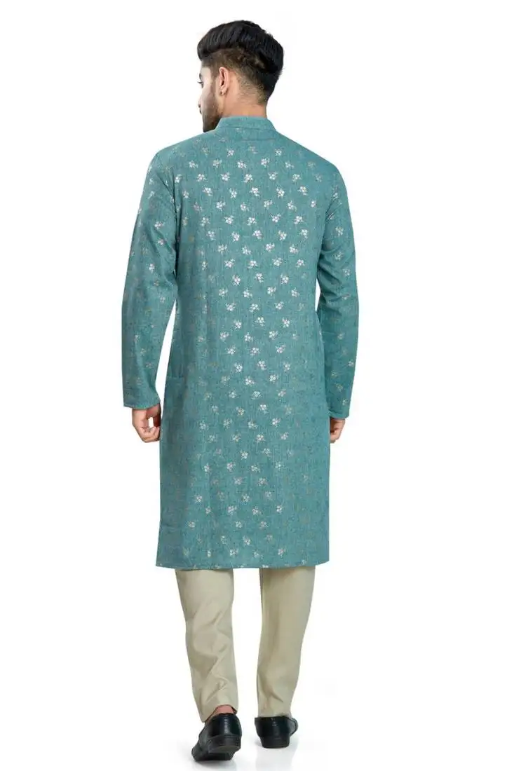 Teal green hand block foil printed kurta viscos kurta payjama etnic wear :: festive wear