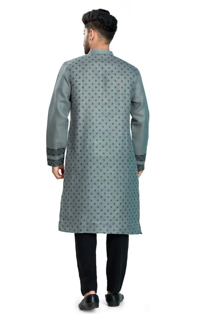 Grey hand block printed viscos kurta payjama ethnic wear :: festive wear