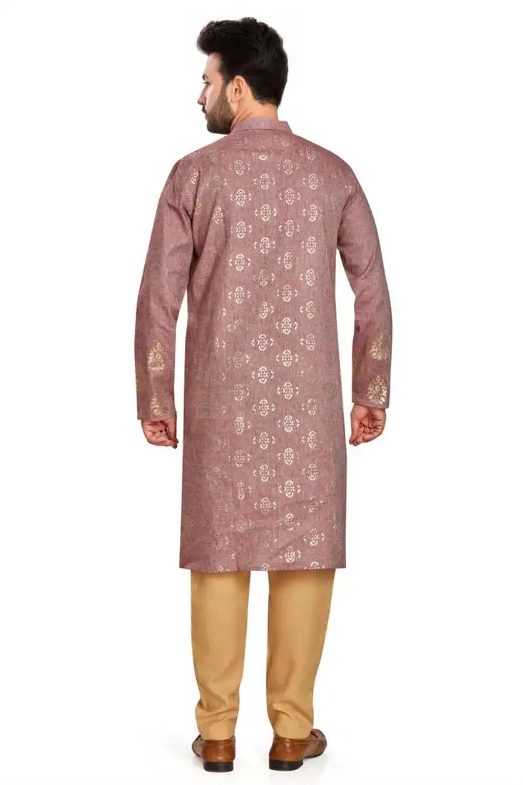 Rust brown hand block golden foil printed viscos kurta payjama ethnic wear :: festive wear