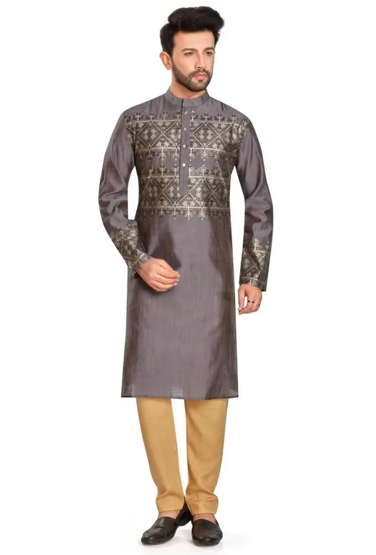 Charcoal grey hand block foil printed viscos kurta payjama etnic wear :: festive wear