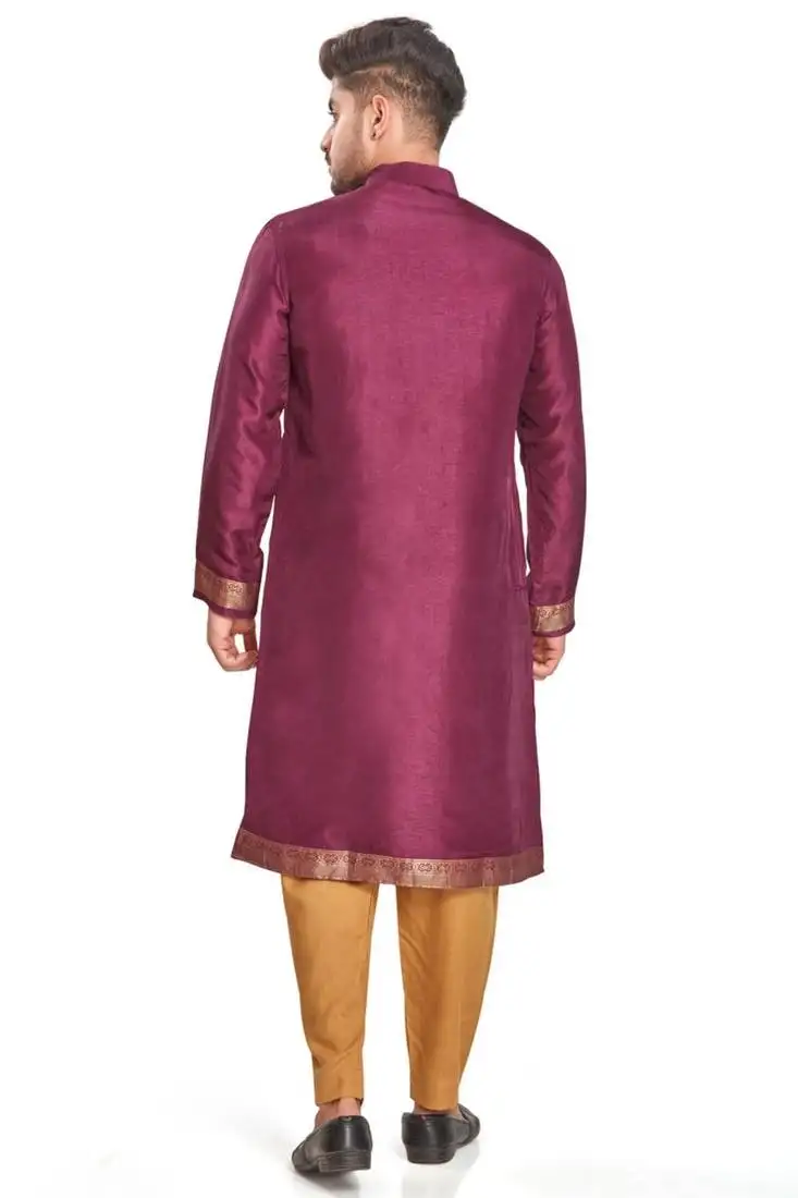Purple hand block printed kurta with embroidery banarsi silk kurta payjama etnic wear :: festive wear