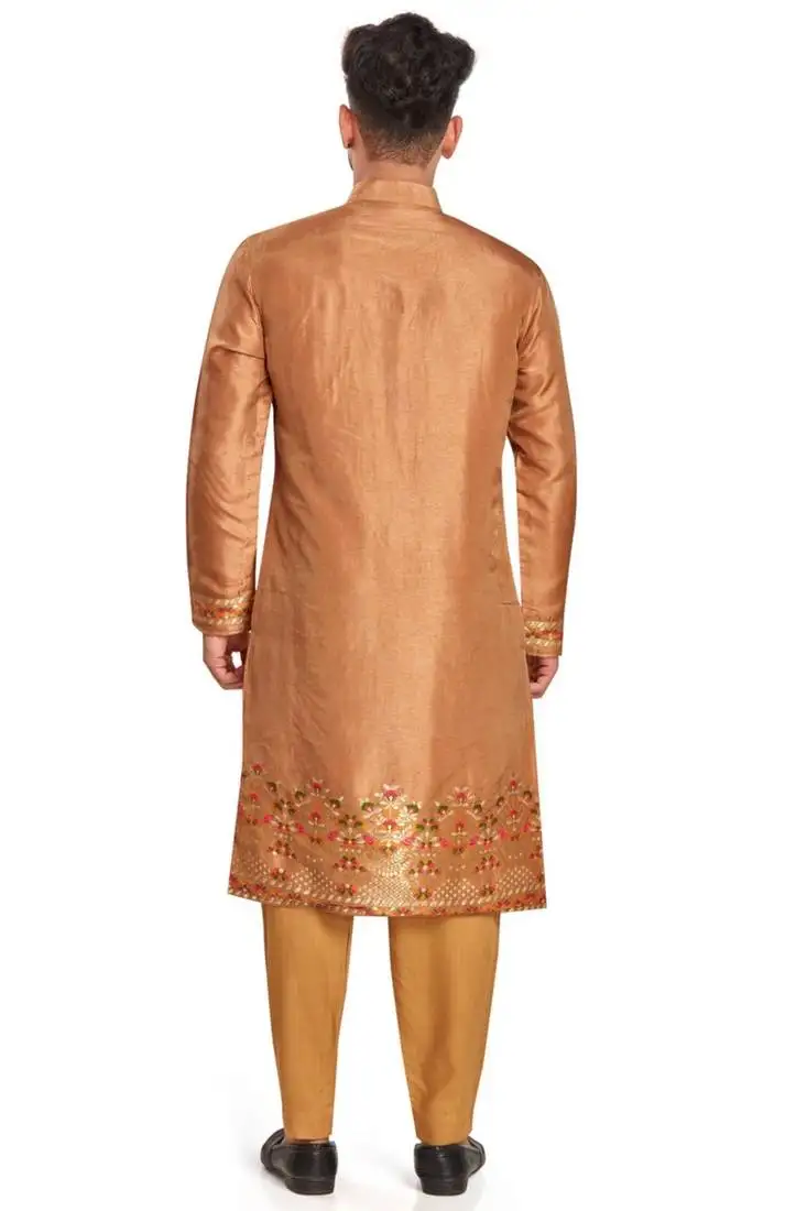 Brown hand block printed kurta with embroidery banarsi silk kurta payjama etnic wear :: festive wear