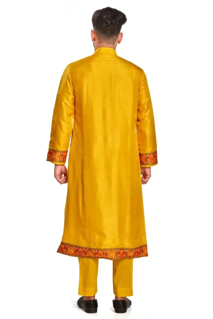Yellow hand block printed kurta with embroidery banarsi silk kurta payjama etnic wear :: festive wear