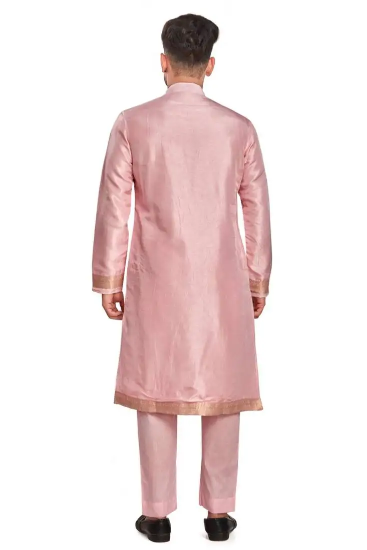 Pink hand block printed kurta with embroidery banarsi silk kurta payjama etnic wear :: festive wear