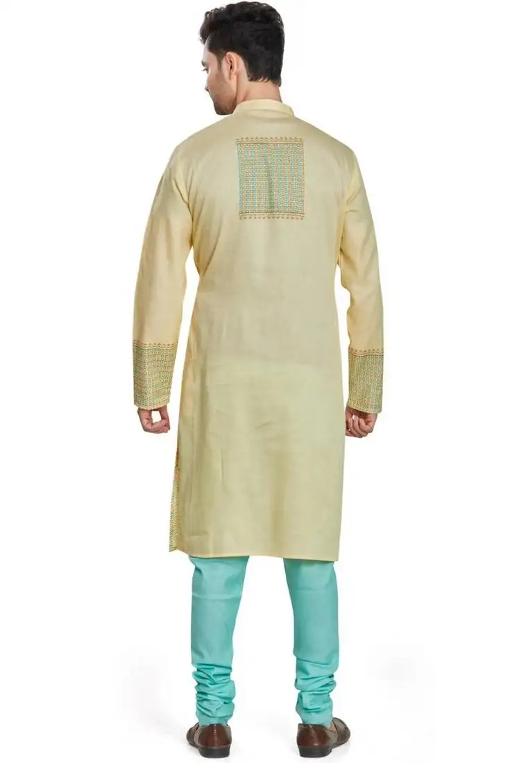 Yellow hand block printed kurta payjama etnic wear :: festive wear