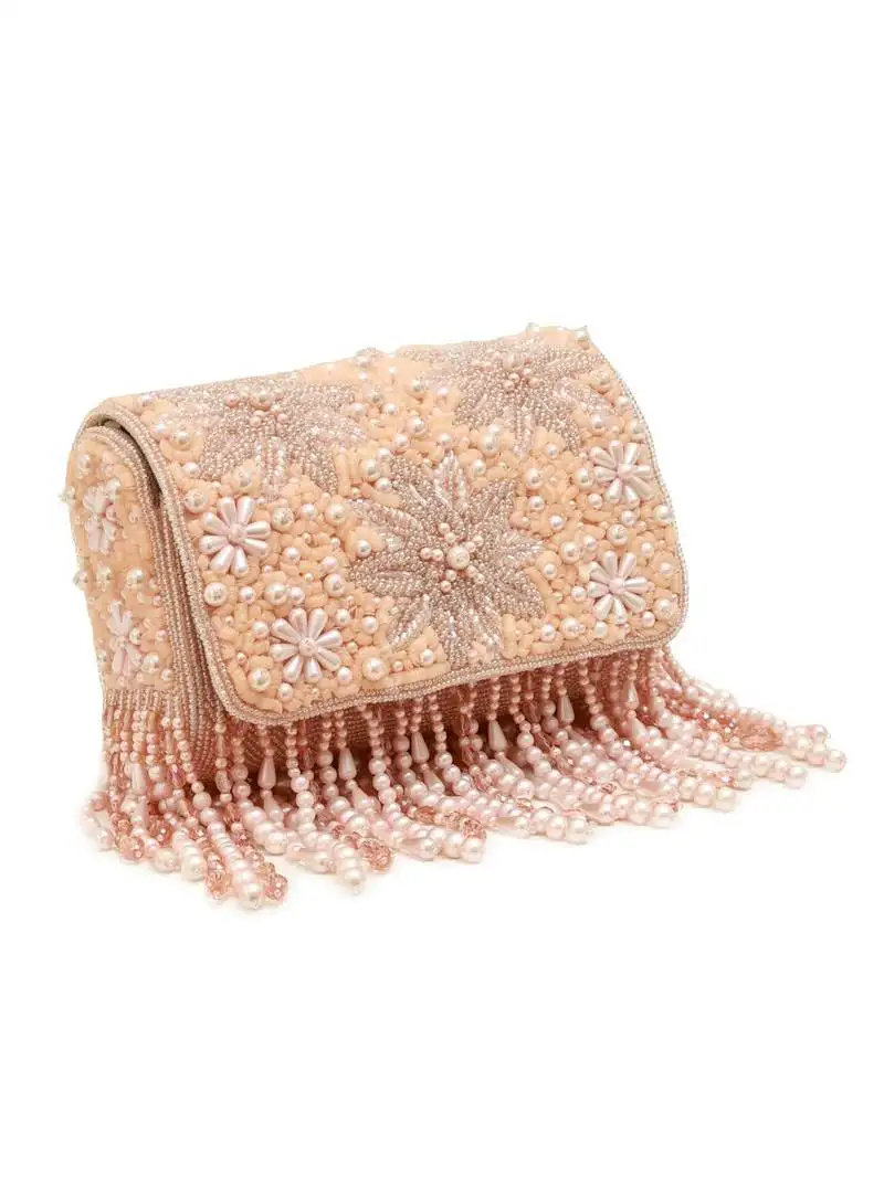 Peach suede pearl embroidered clutch