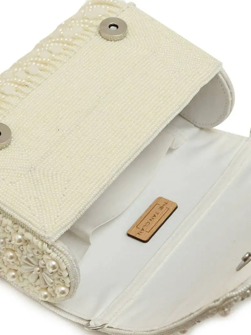 White suede pearl embroidered clutch