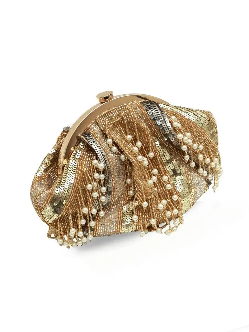 Gold suede pearl embroidered clutch