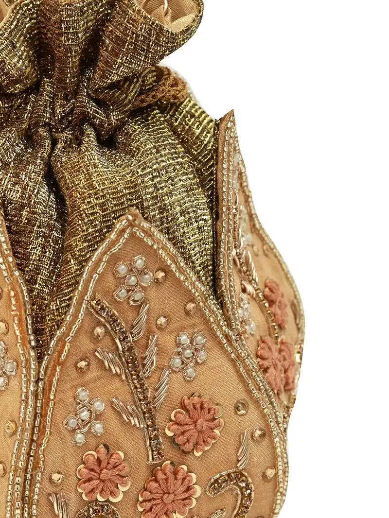 Gold silk floral embroidered potli bag