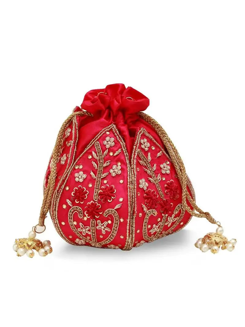 Pink silk floral embroidered potli bag
