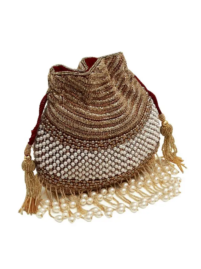 Gold suede pearl embroidered potli bag
