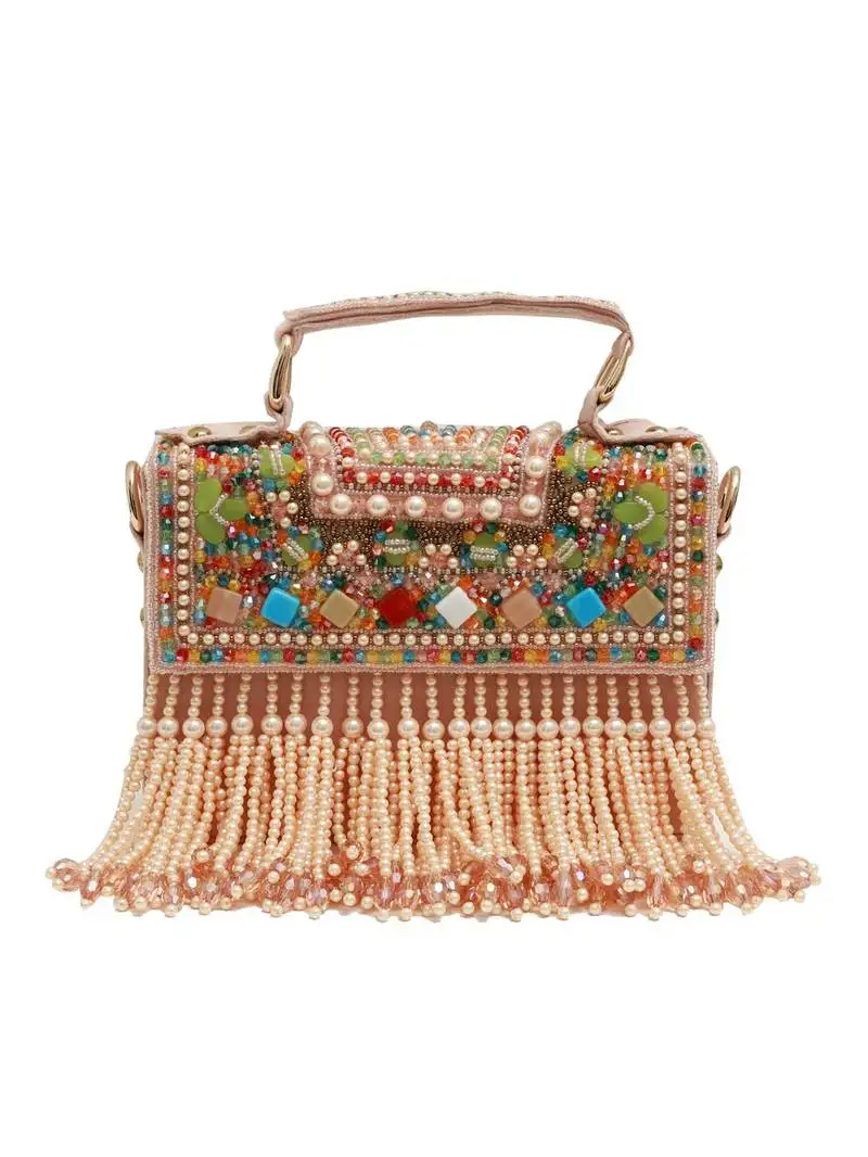 Multicolor suede pearl embroidered clutch