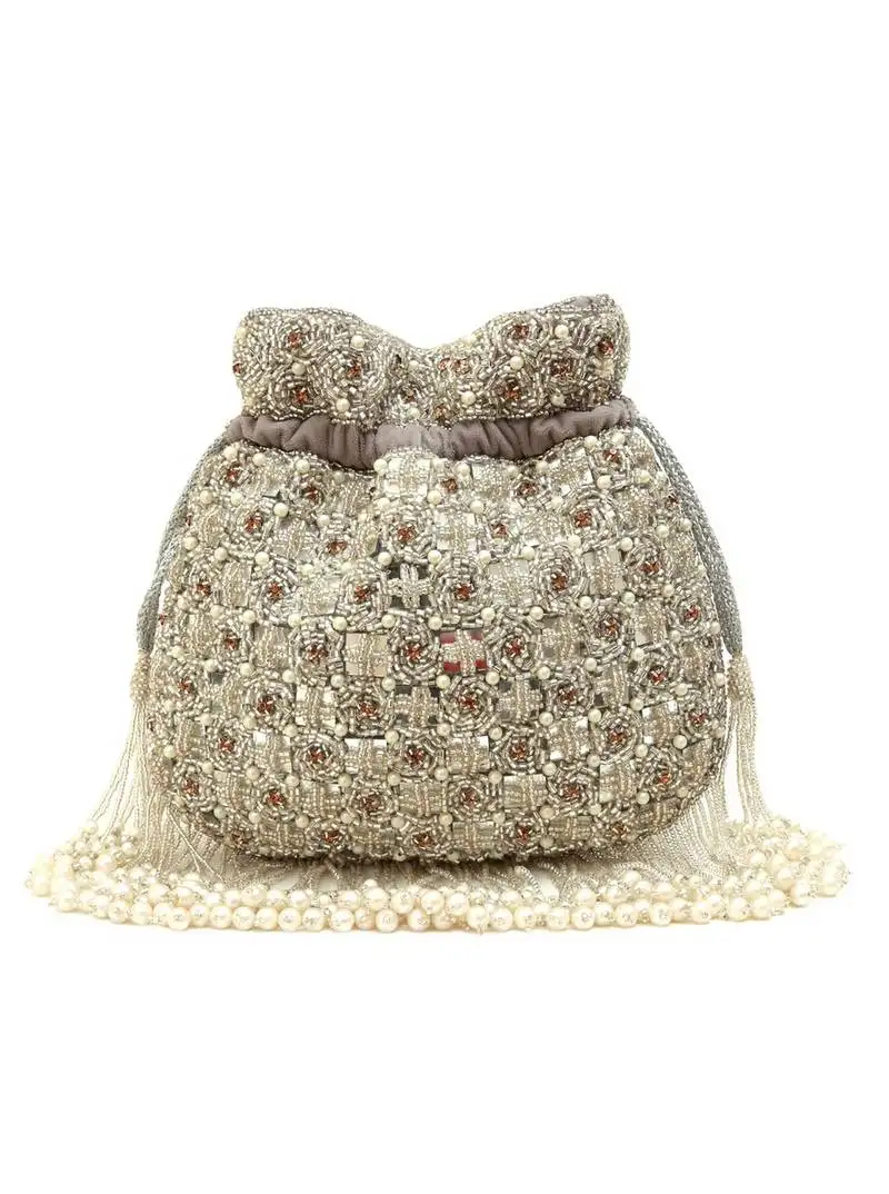 Grey suede pearl embroidered potli bag